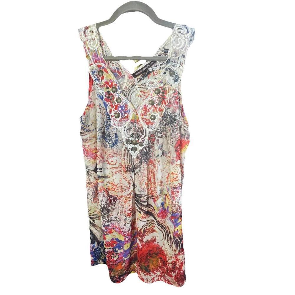 Mushka Sienna Rose Top Women’s Multicolor Sz M Boho Floral Beaded Sheer Tunic